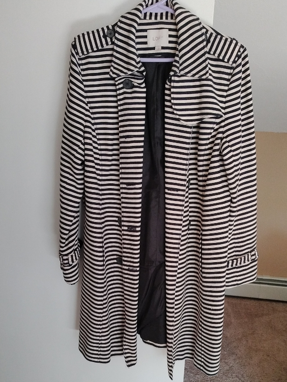 LOFT Black & White Striped Trench Coat